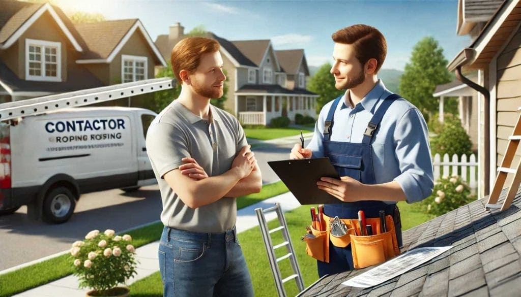 homeowner talking to a friendly roofer