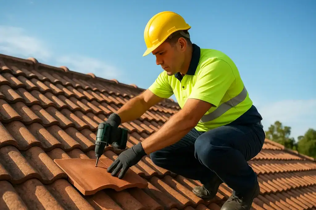 A pro roofer securing a newly replaced tile. Professionals work methodically, tackling one section at a time for thorough coverage.